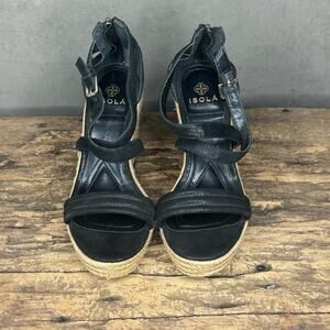 Isola Black Leather Strappy Espadrille Wedge Sandals Zipper Size 8